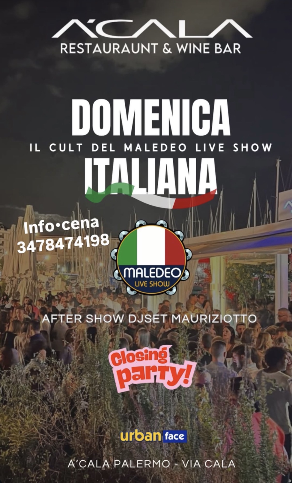 Affiche de la soirée de clôture A’Cala à Palerme, dimanche 18 octobre 2026